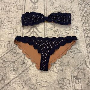 EUC Navy Marysia Scalloped Antibes Laser Cut Bikini, M top L bottom
